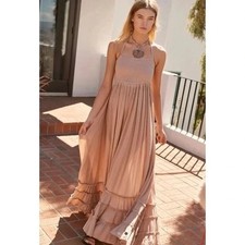 Free People Extratropical Maxi Dress S Summer Halter Tier in Taupe Boho
