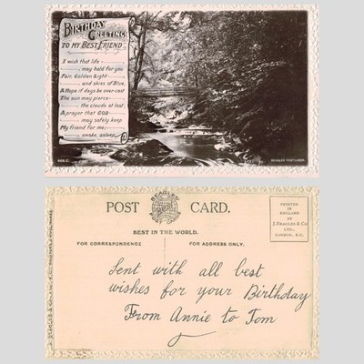 Vintage Postkarte - Geburtstagsgrüße beste Freundin Flussszene Brücke UNBESPIELT