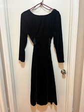 Vtg 90s Black Velvet Tie Back Dress  Princess Seamed Georgette Goth Decade 6