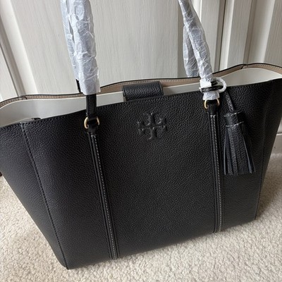 Tory Burch 144689 Thea Tote Black Pebble Leather Tassel Large Shoulder Work Bag