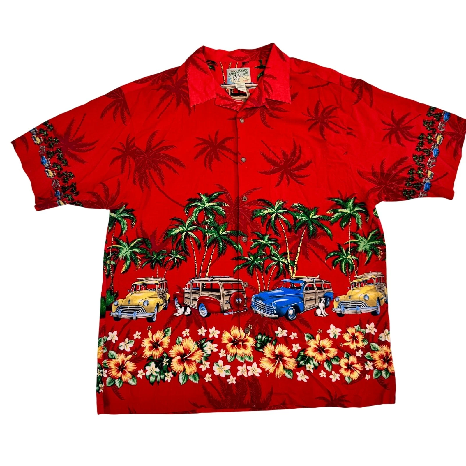 Vintage Big Dogs Hawaiian Shirt 2XL Red Aloha Tropical Camp Novelty Dadcore Y2K