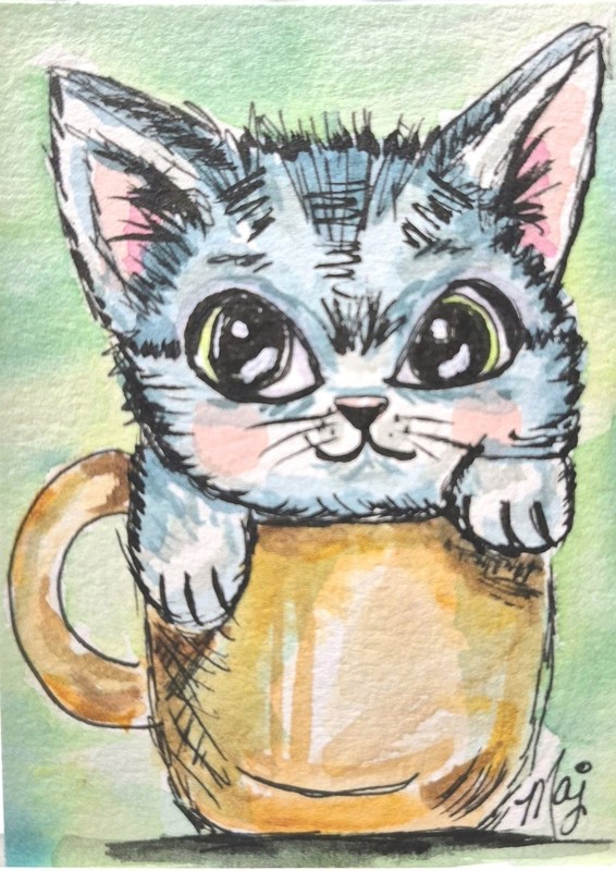 MUG HUG Adorable Original ACEO WATERCOLOR ~ Free Shipping & Bonus Included! ♡
