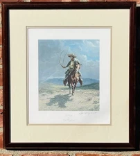 American Western Cowboy Artist Olaf Wieghorst Signed Print . La Riata. 1980's