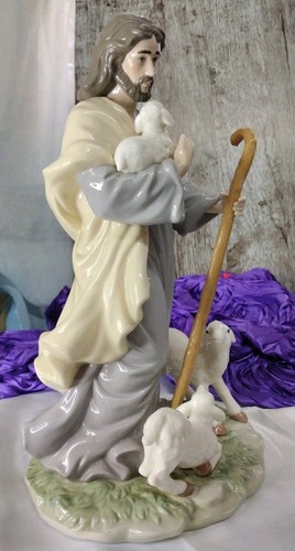 Jesus Holding Wood Staff with Lambs 11.5" Tall Porcelain/Ceramic Figurine - Picture 2 of 12