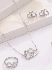 Silver Double Heart Crystal Necklace Earrings And Ring Jewellery Set