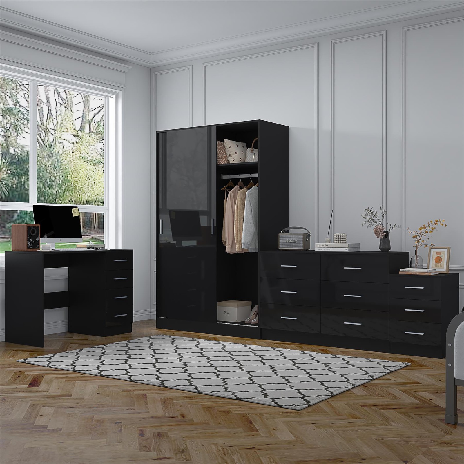REFLECT Furniture - Sliding Wardrobe + Wide Chest + Bedside + Desk - Black/Black