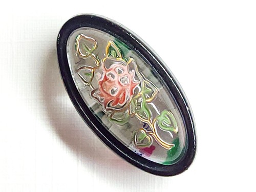 Vintage Oval Clear Glass Button w/ Incised Flower Picture & Black Border ~ 7/8" - Picture 5 of 7