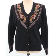 Vintage Herman Geist Cardigan Sweater Hand Embroidered Wool Blend Black Size M