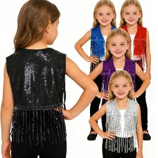 Kids Girls Waistcoat Performance Crop Top Hip Hop Vest Tassel Festival Theme
