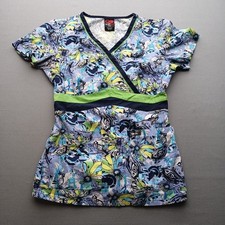 Ecko Red Womens S Floral Scrub Top V-Neck Pockets Stretch Multi Color Pre Owned