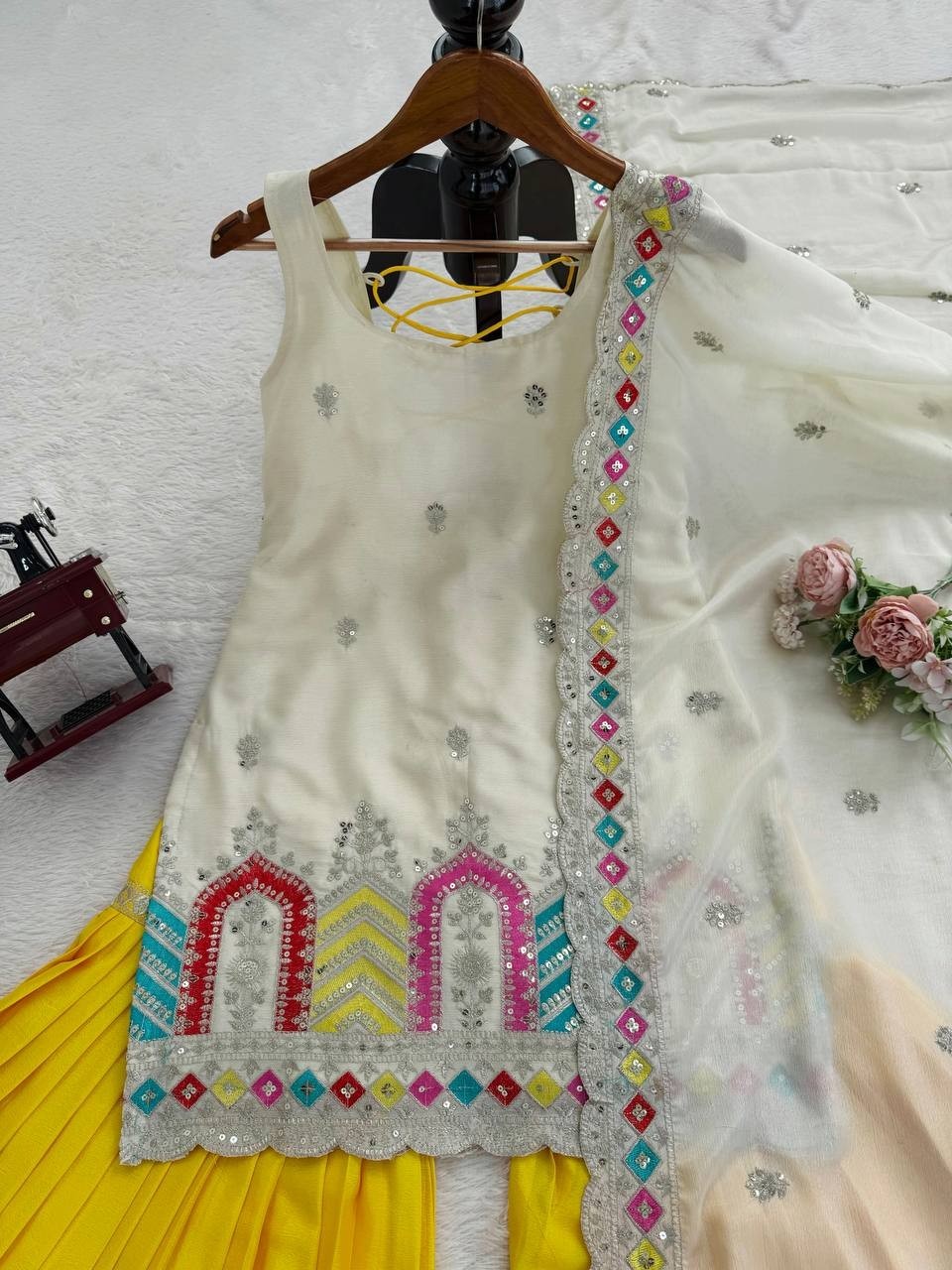 Latest Heavy Chinon Silk Off White Top Palazzo With Dupatta For Festival Wear thumbnail 7