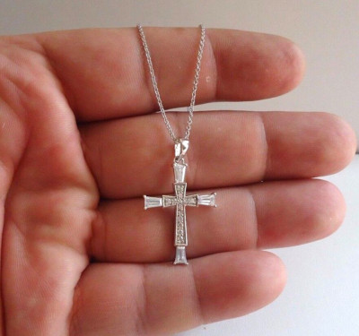 CROSS INSIDE A CROSS NECKLACE PENDANT W/  LAB DIAMONDS / 925 STERLING SILVER 