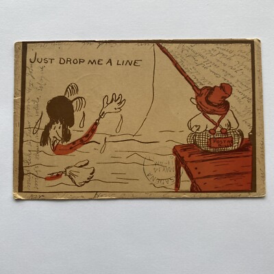 Just Drop Me A Line Postcard Posted 1907 Cartoon Fisherman 
