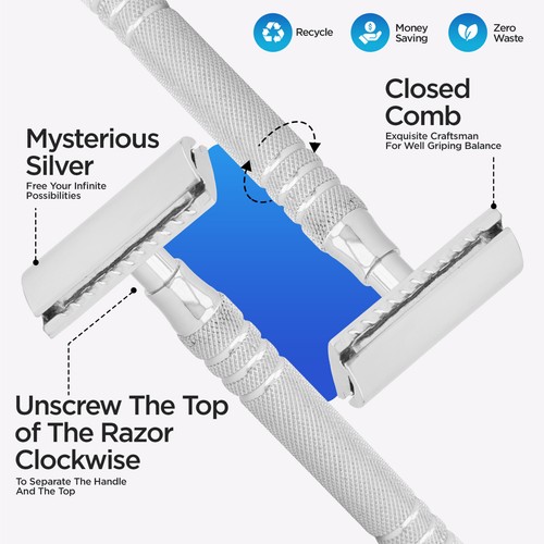 Double Edge Safety Razor for Men and Women, Stainless Steel Non-Slip Etched Grip - Picture 8 of 9