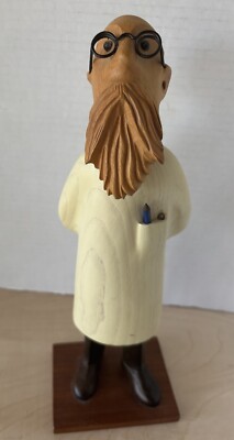 Vtg Wooden Carved Doctor Scientist Figure Made in Italy 12'' Beard Glasses Bald