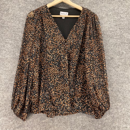 Veronica M Blouse Women M Medium Brown Geometric V-Neck Long Sleeve Casual