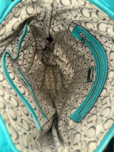GUESS Monogram Leather Teal Women's Small Tote Bag Purse Shoulder Bag Studded - Picture 17 of 19