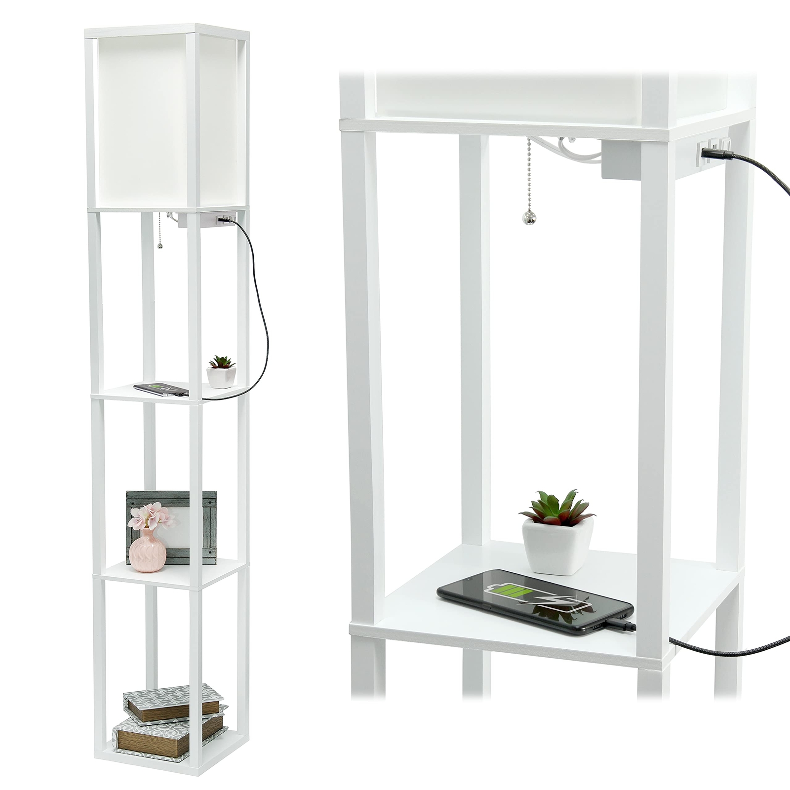 LF1037-WHT Floor Lamp Etagere Organizer Storage Shelf with 2 USB Charging Por...