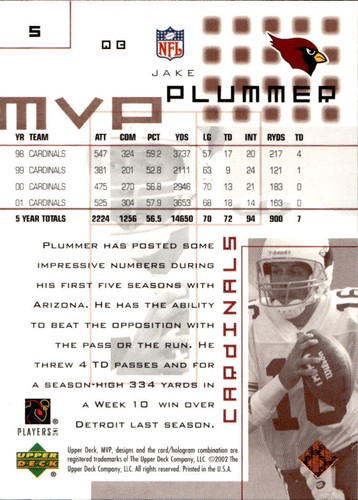 Jake Plummer 2002 Upper Deck MVP #5 Arizona Cardinals - Picture 2 of 2