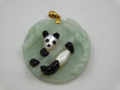 Asiatischer 14K Gold Black Ice Jade handgeschnitzter Panda Bambus Anhänger Halskette RAR