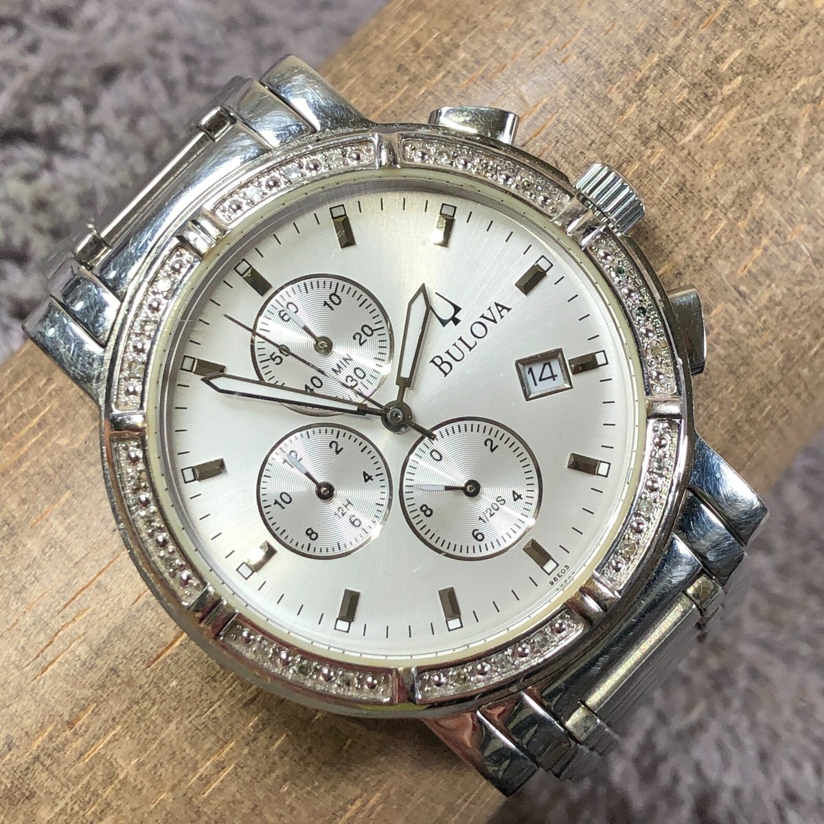 Bulova Men C837378 Diamond Bezel Chronograph Silver Tone 38mm