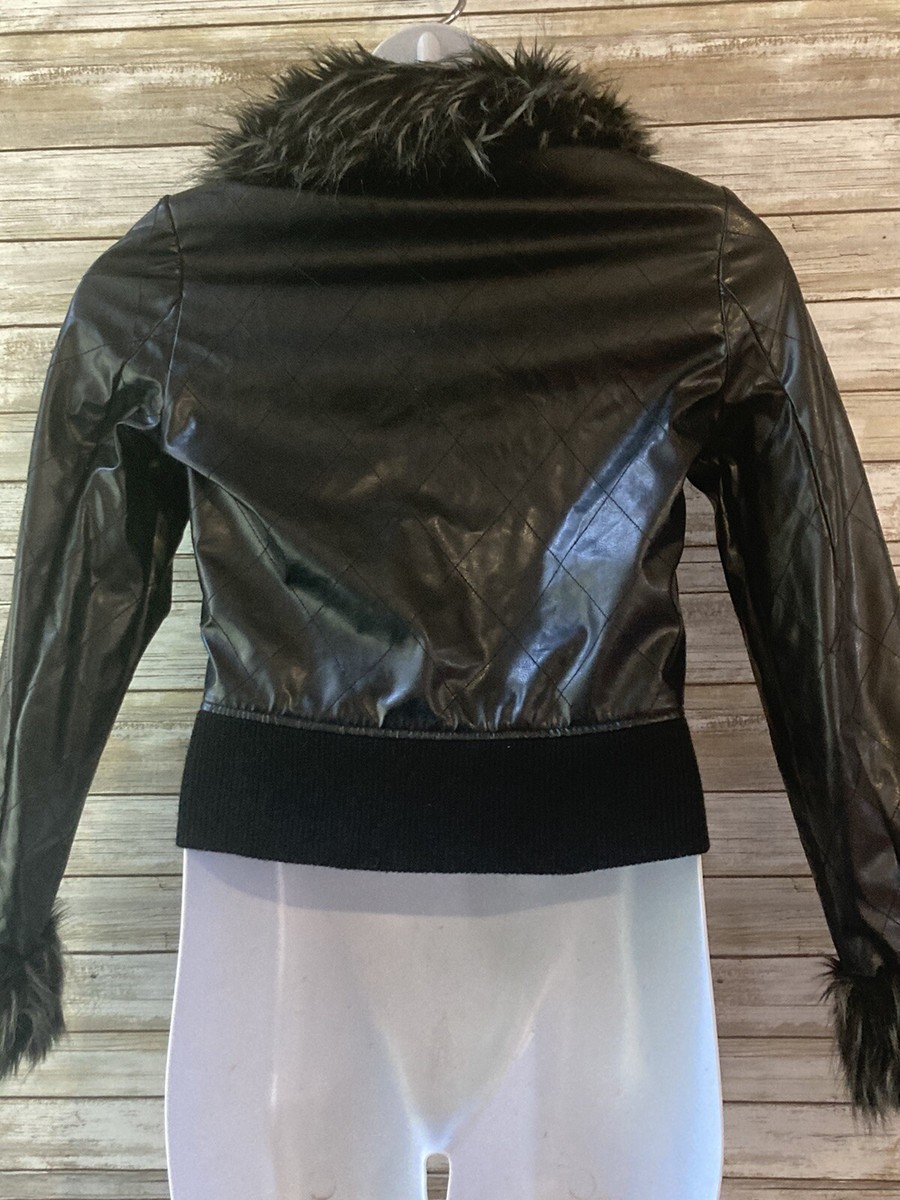 Charlotte Russe Juniors M 90's y2k black fur collar Jacket faux