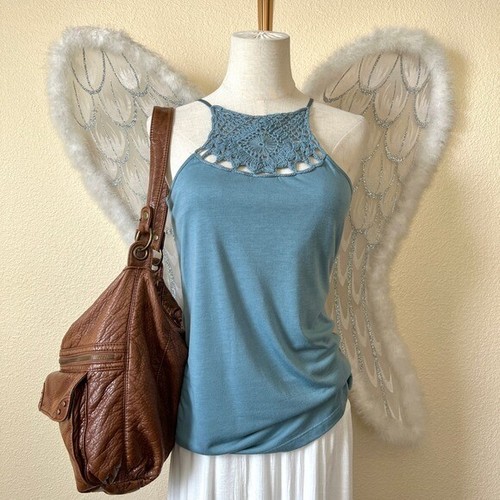 Y2K High Neck Tank Top Crochet Halter Coastal Mermaid Blue L Boho Beacky