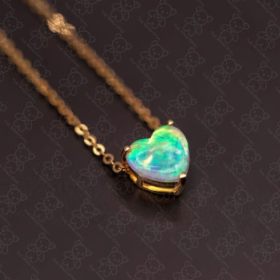 Minimalist Heart Shaped Australian Solid Opal Necklace 14k Yellow Gold