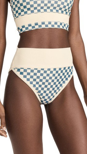 Beach Riot Women's Emmy Bikini Bottoms, Ivory Dance Floor Check, Blue, Off
