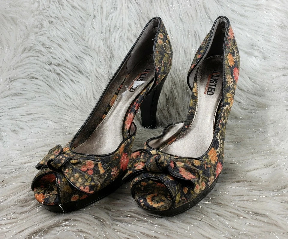 Zapatos de tacón SIN LISTAR por Kenneth Cole flores negras punta abierta talla 9 Foto 3 de 4