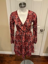 Maeve Shimmerin Red & Purple Paisley Faux Wrap Dress, Size XS