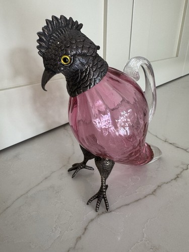 Parrot Jug In Victorian Style - Cranberry Glass Body And Metal Head /Feet 17cm - Picture 2 of 12
