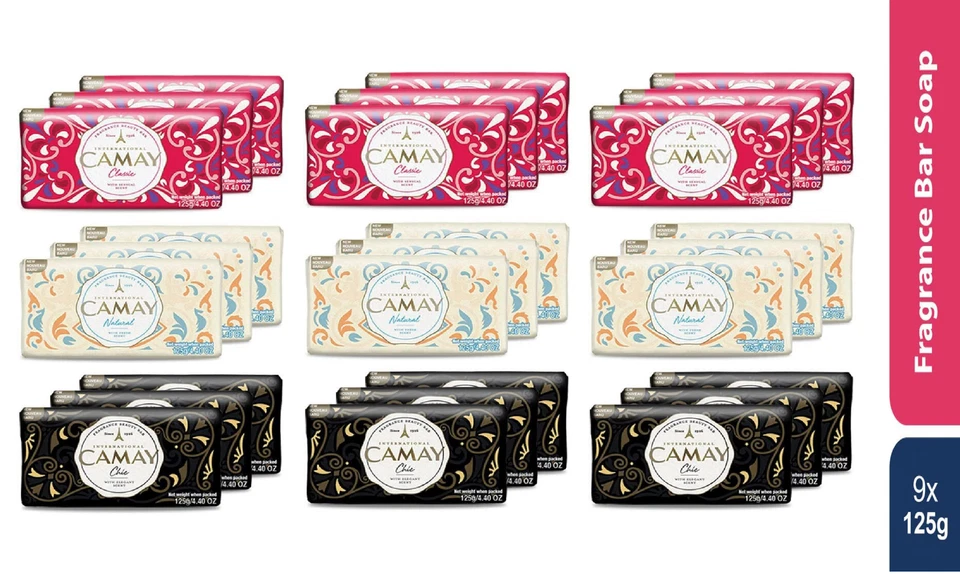 CAMAY SENSUAL SCENT FRAGRANCE SOAP BATHING BARS CLASSIC - NATURAL - CHIC - 9pack