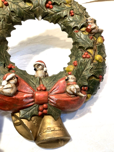 Vtg MCM Painted Ceramic Scioto Molds Xmas Holly Berry Wreath w Birds Bells 16" - Picture 4 of 10