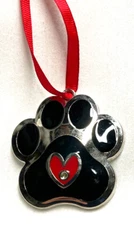 Ornament- Silver Dog Paw- Black and Red with Heart