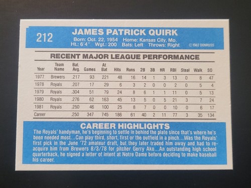 1982 Donruss Jamie Quirk #212 *IP* Auto - Bild 3 von 3