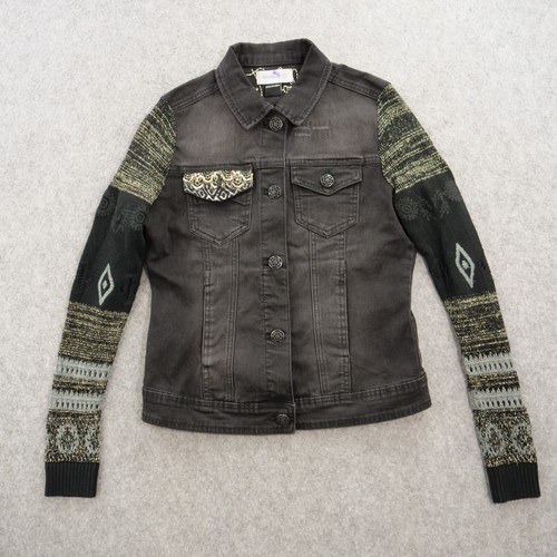 Desigual Jacket Womens Small Black Denim Knit Sleeve Button Up Embroidery