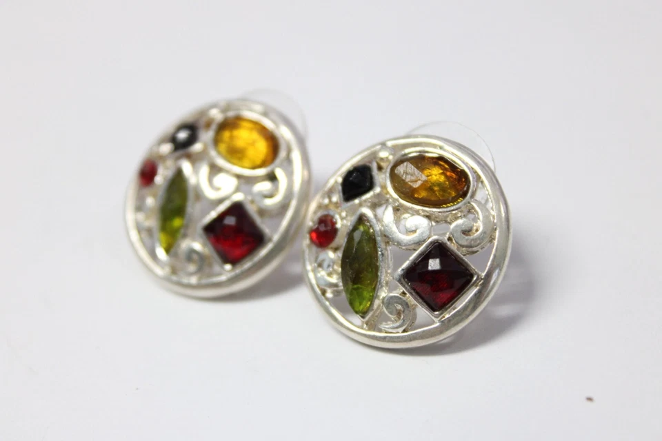 Round Multicolor Stones Sterling Silver Post Earrings - Image 2 of 4