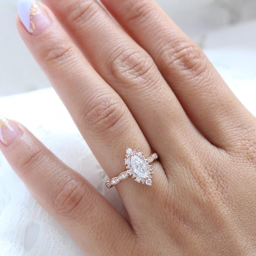 3 Ct Marquise & Round Cut Moissanite Halo Engagement Ring 14K Solid Rose Gold - Picture 7 of 10