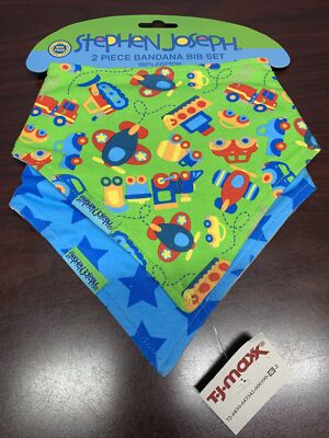 Stephen Joseph Boys 2 Pc Bandana Bibs~Vehicles & Stars~Absorbent Cotton~NEW~~D6