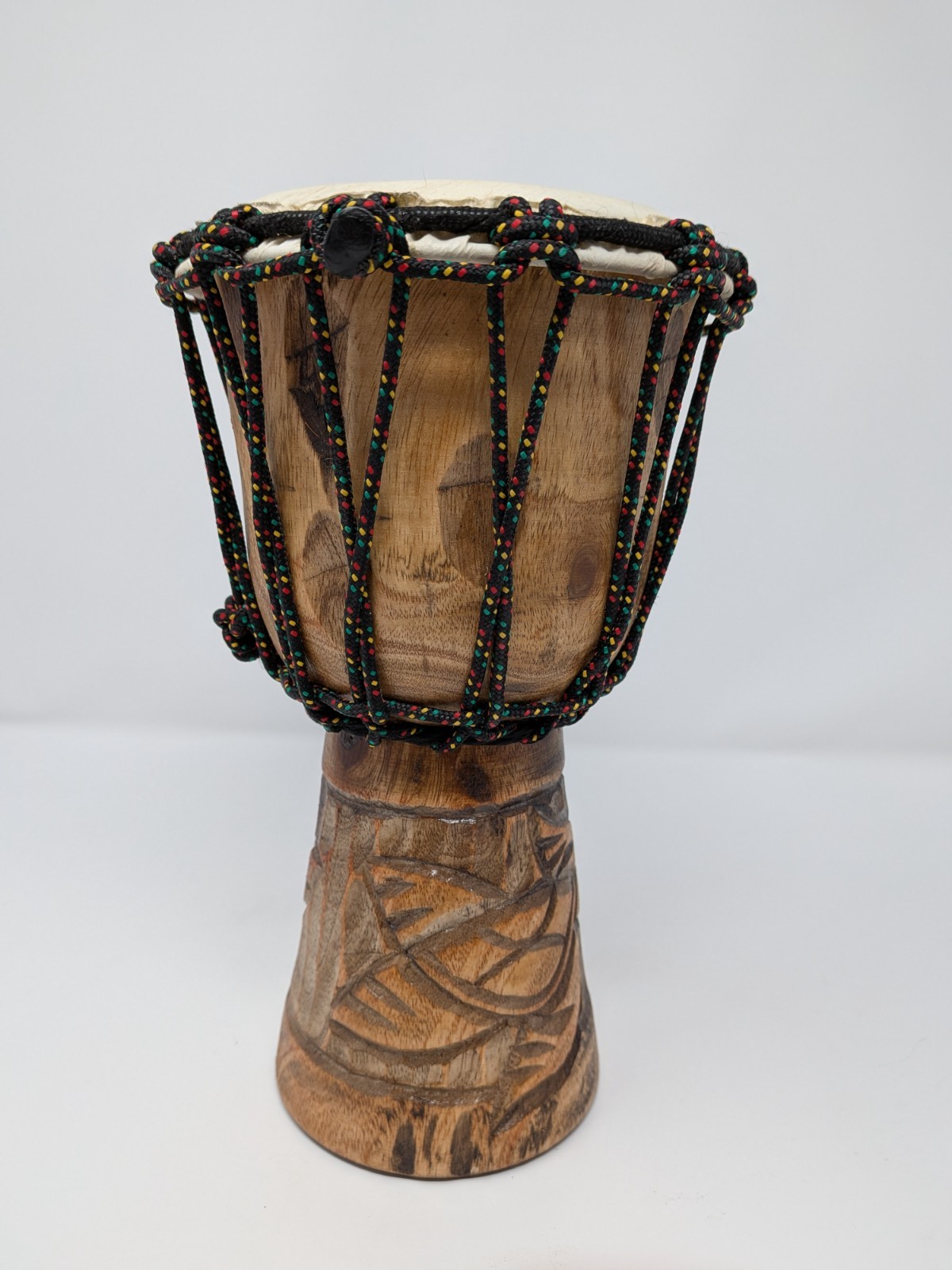 Hand Carved African Djembe Drum 6" Diameter Wood Rope Tuned Tribal Design Turtle