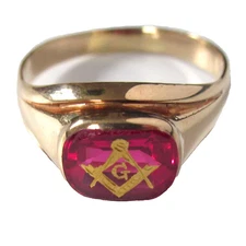 Vintage Masonic 14k Gold & Simulated Ruby Ring 585 Freemasons Symbol Illuminati