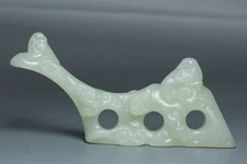 Chinese Antique Old Hetian Jade Hand-Carved Ruyi Bird penholder Statues