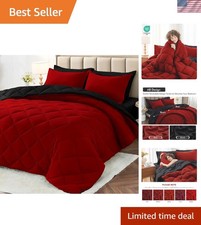 Stylish Red  Black Queen Comforter Set - 7-Piece Reversible Bedding Collection