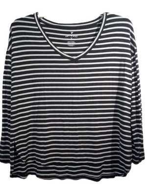 American Eagle Soft & Sexy T-Shirt Women M Gray White Stripe V-Neck Long Sleeve