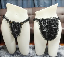  A302 2XL/ElasticW.24-44" Vtg Style Black Satin Bikini Thong Panties Underwear