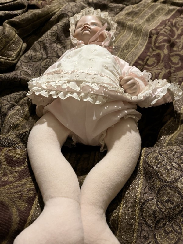 Cloth Baby Doll Light Complexion No Hair Eyes Closed White Lace Outfit