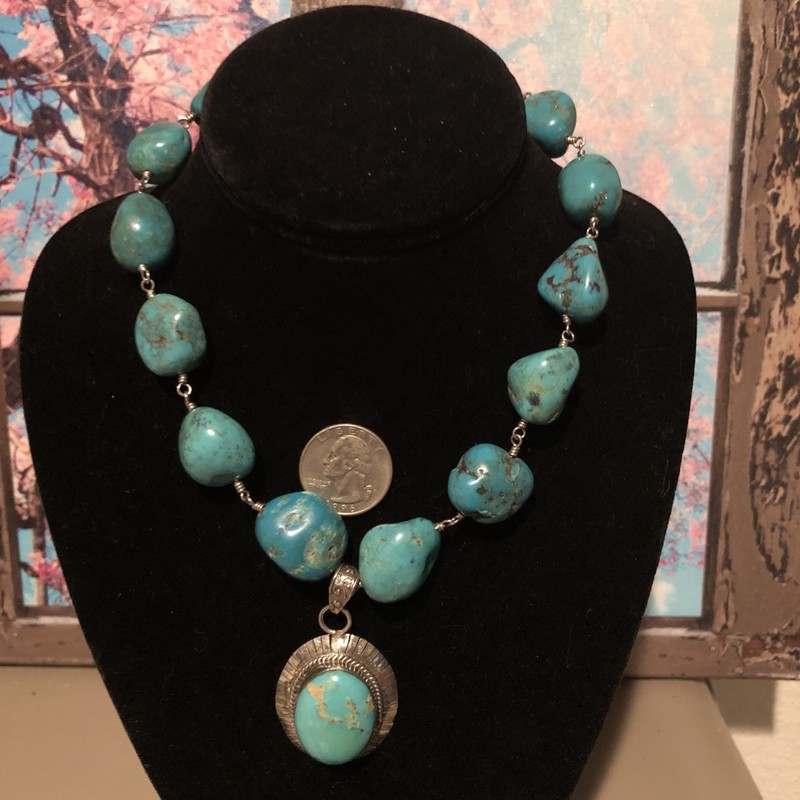 Vintage STERLING SILVER & Genuine CARICO LAKE Turquoise Squash Blossom Necklace