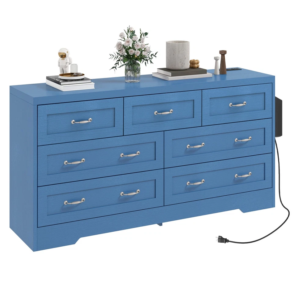 Farmhouse 7 Drawer Blue Dresser 59 in Large Modern Dresser TV Stand for Bedroom - Image 3 of 4