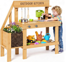 Wooden Mud Kitchen for Kids Outdoor, Outdoor Play Kitchen with Sink, Faucet, Pla